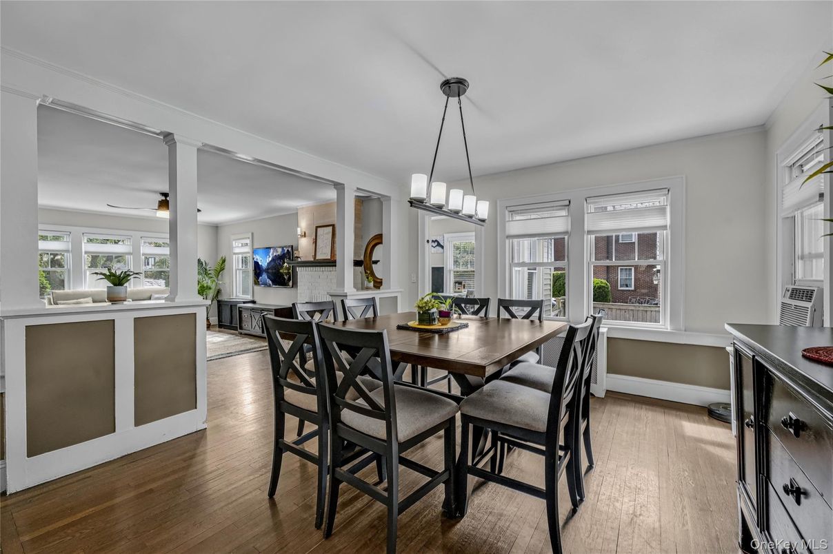 Dining room, Interior, Pendant Lights, Wood Texture Flooring
