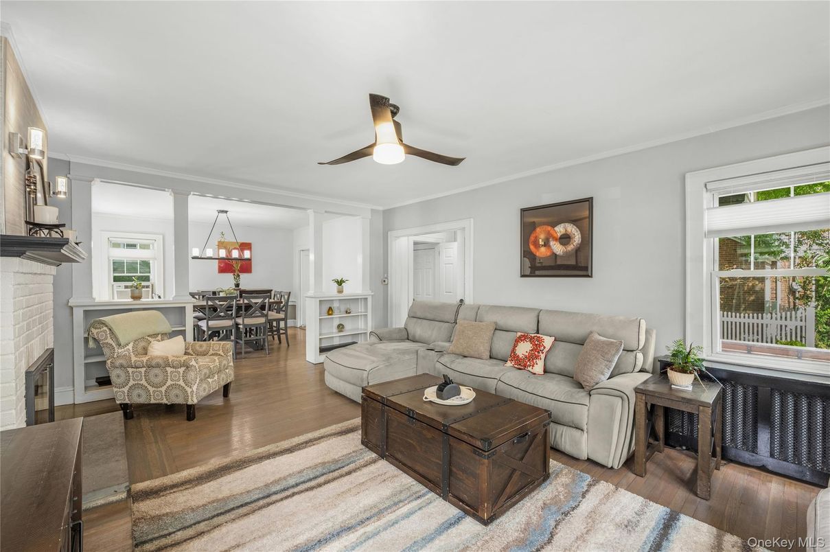 Dining room, Fireplace, Interior, Living room, Pendant Lights, Wood Texture Flooring