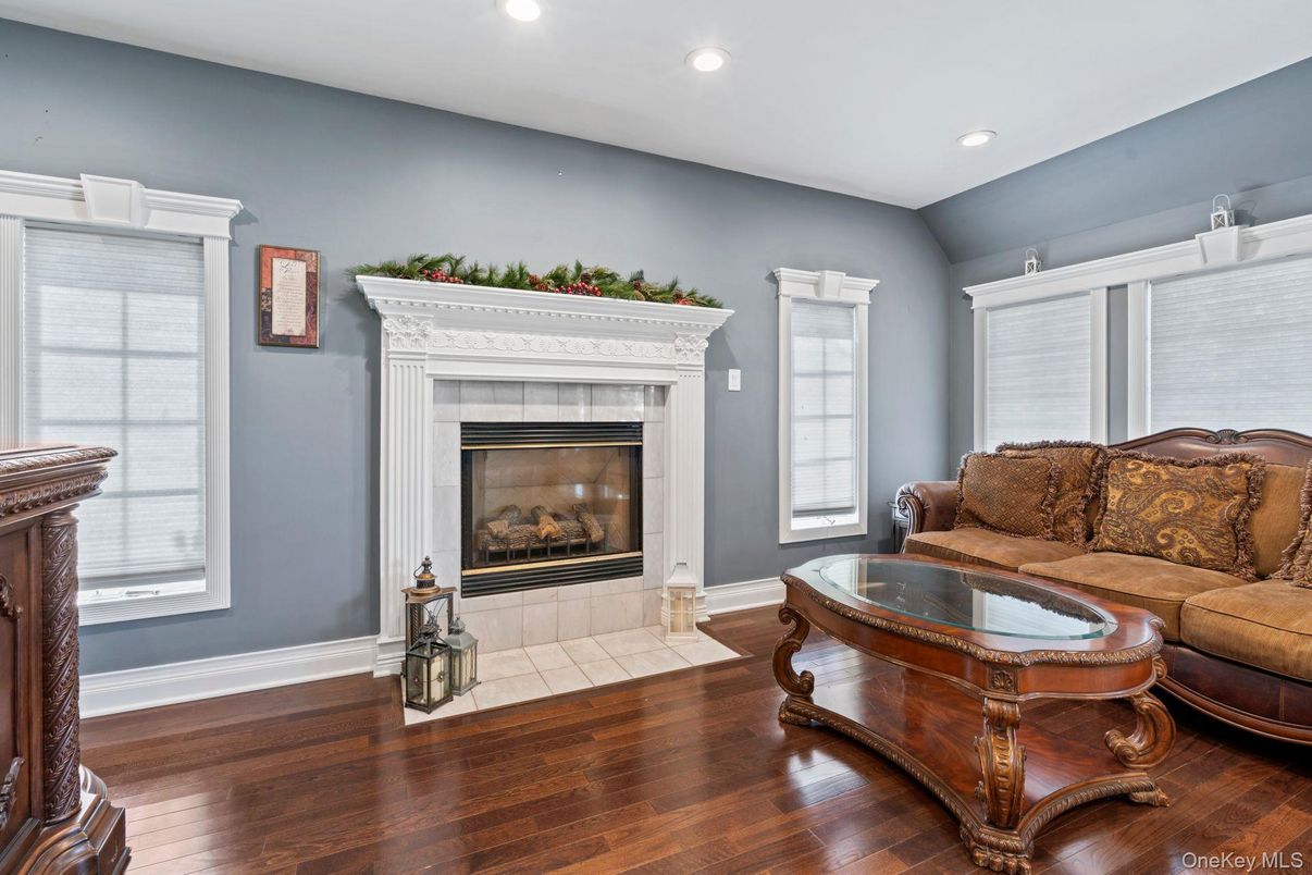 Fireplace, Interior, Living room, Recessed Lighting, Wood Texture Flooring