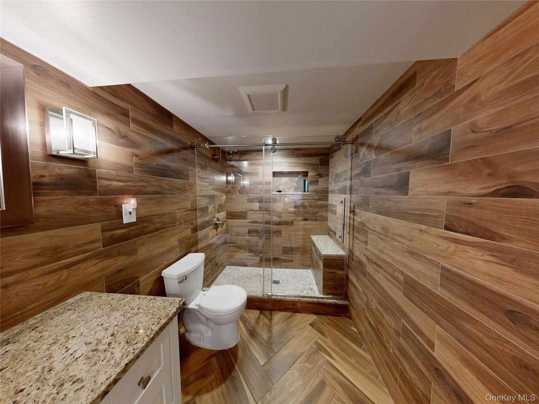 Bathroom, Glass Shower, Interior, Wood Texture Flooring, Wooden Walls