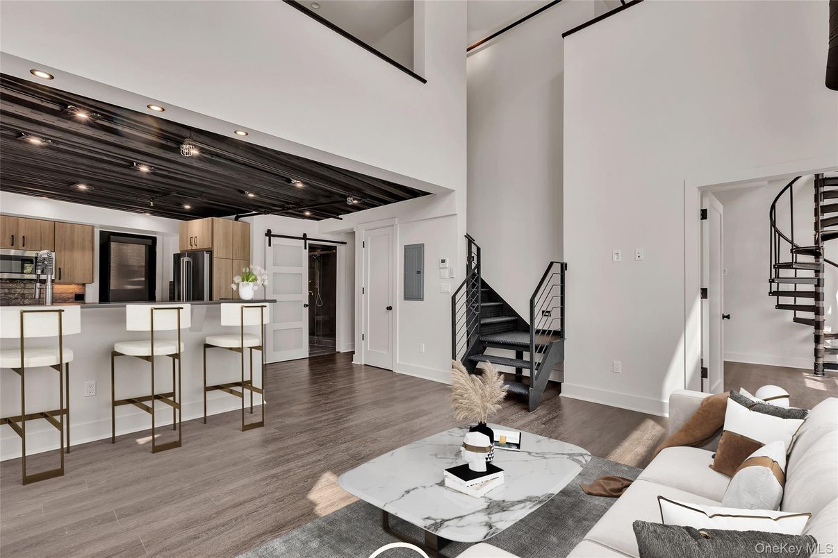 Interior, Kitchen, Living room, Recessed Lighting, Stainless Steel Appliances, Wood Texture Flooring