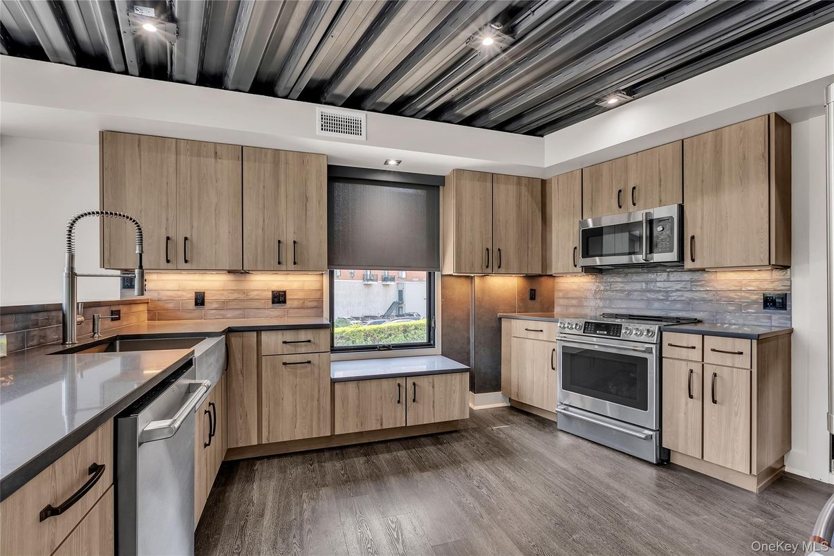 Interior, Kitchen, Recessed Lighting, Stainless Steel Appliances, Wood Texture Flooring