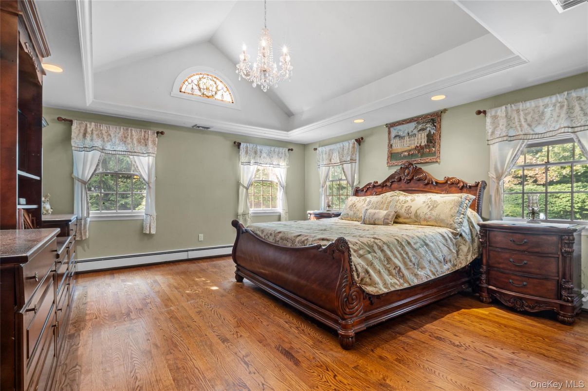 Bedroom, Chandelier, Interior, Recessed Lighting, Wood Texture Flooring