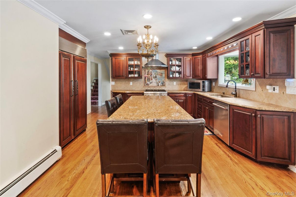 Chandelier, Interior, Kitchen, Recessed Lighting, Wood Texture Flooring