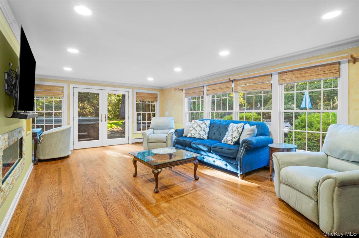 Fireplace, Interior, Living room, Recessed Lighting, Wood Texture Flooring