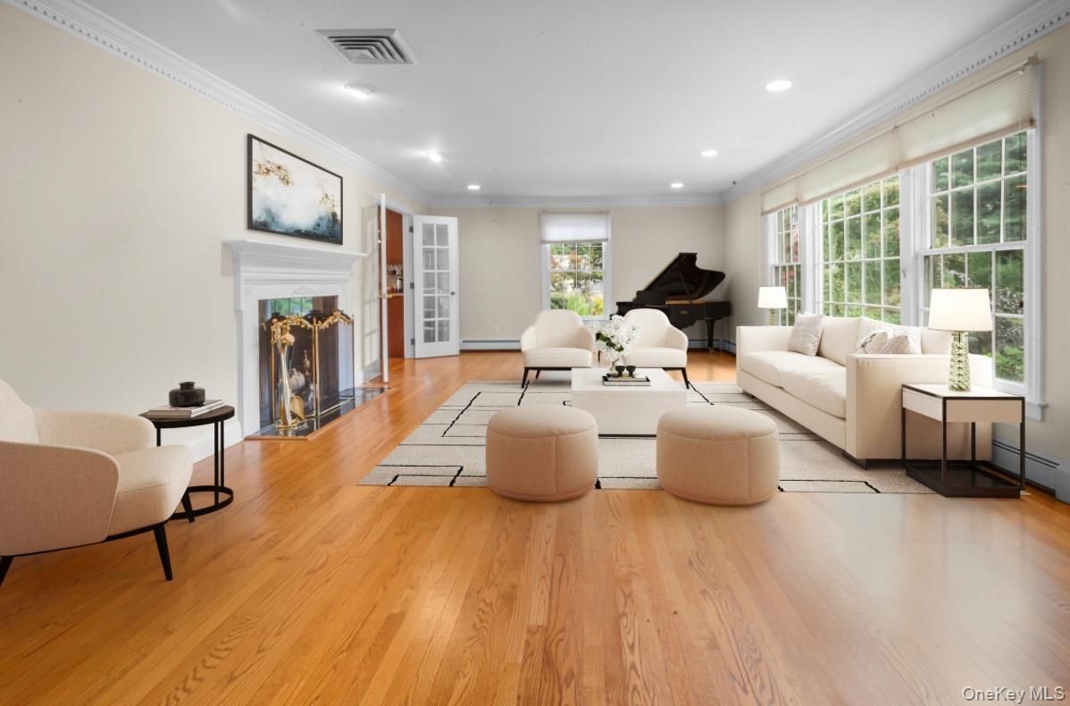 Fireplace, Interior, Living room, Recessed Lighting, Wood Texture Flooring