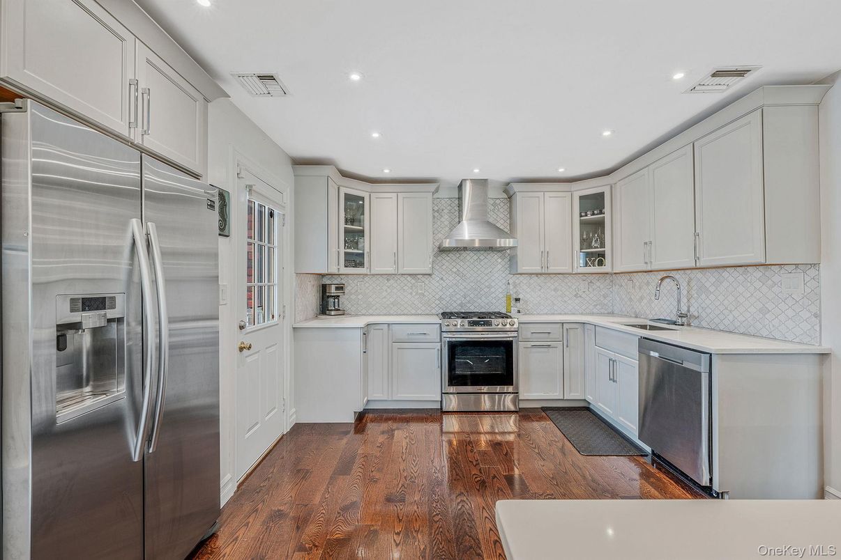 Interior, Kitchen, Recessed Lighting, Stainless Steel Appliances, Wood Texture Flooring