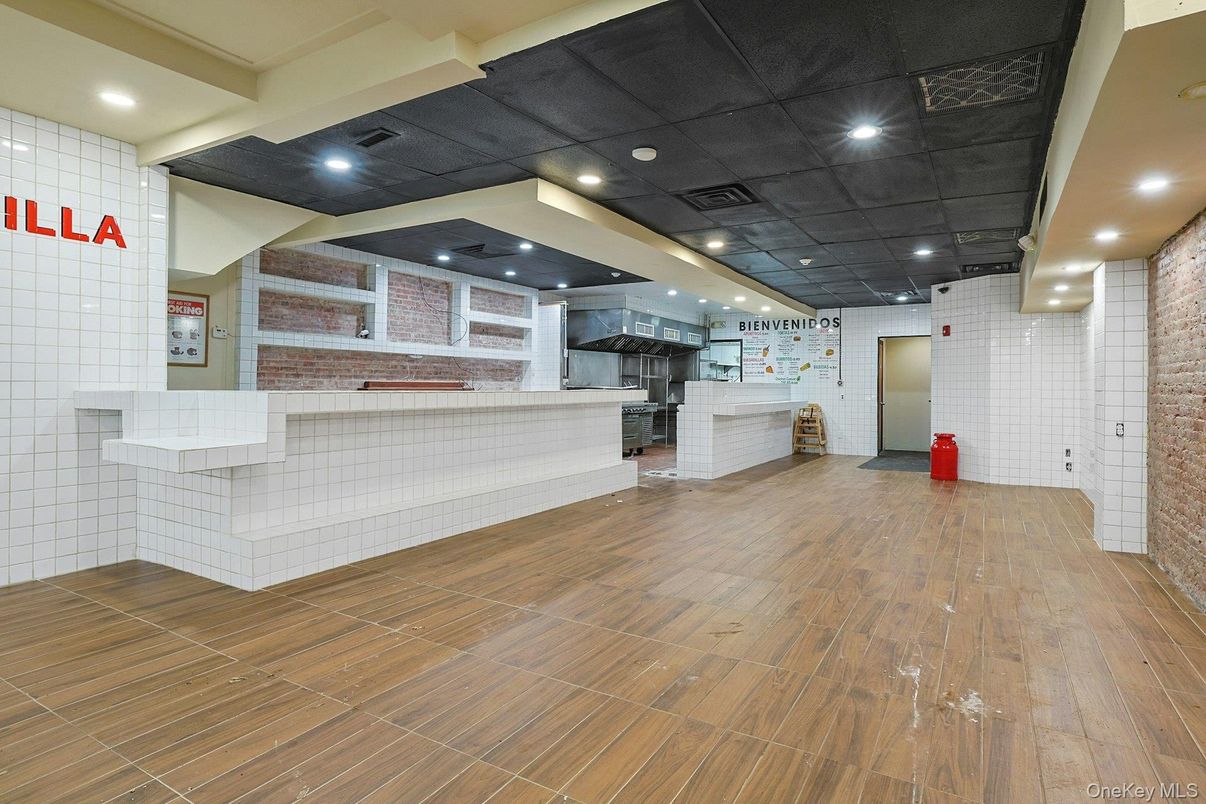 Interior, Kitchen, Recessed Lighting, Stone Walls, Wood Texture Flooring