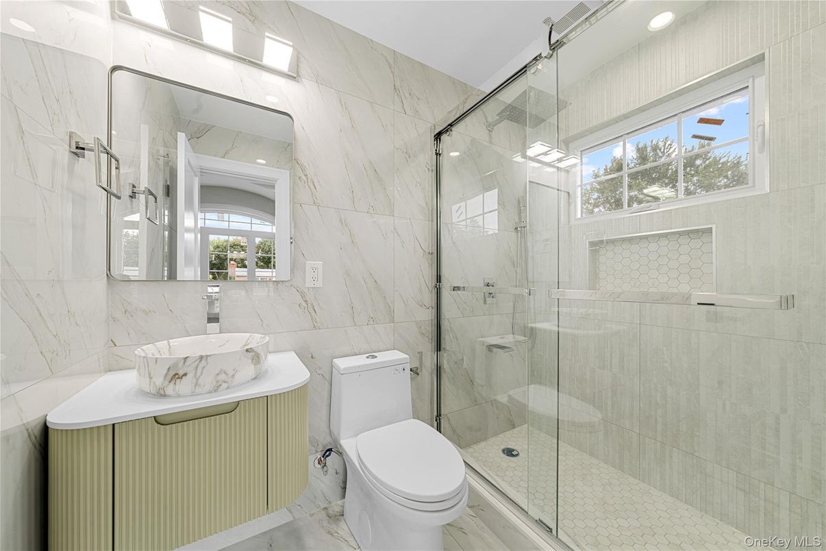Bathroom, Glass Shower, Interior, Marble Walls, Recessed Lighting