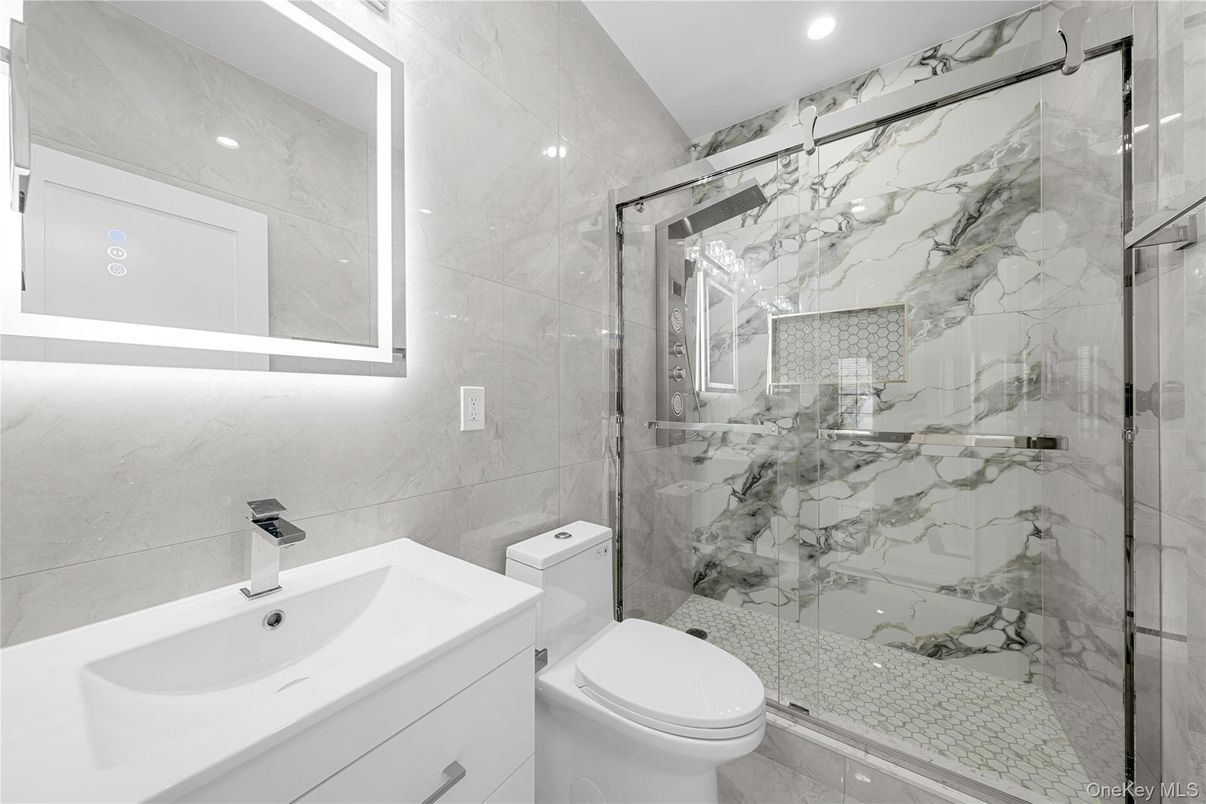 Bathroom, Glass Shower, Interior, Marble Walls, Recessed Lighting