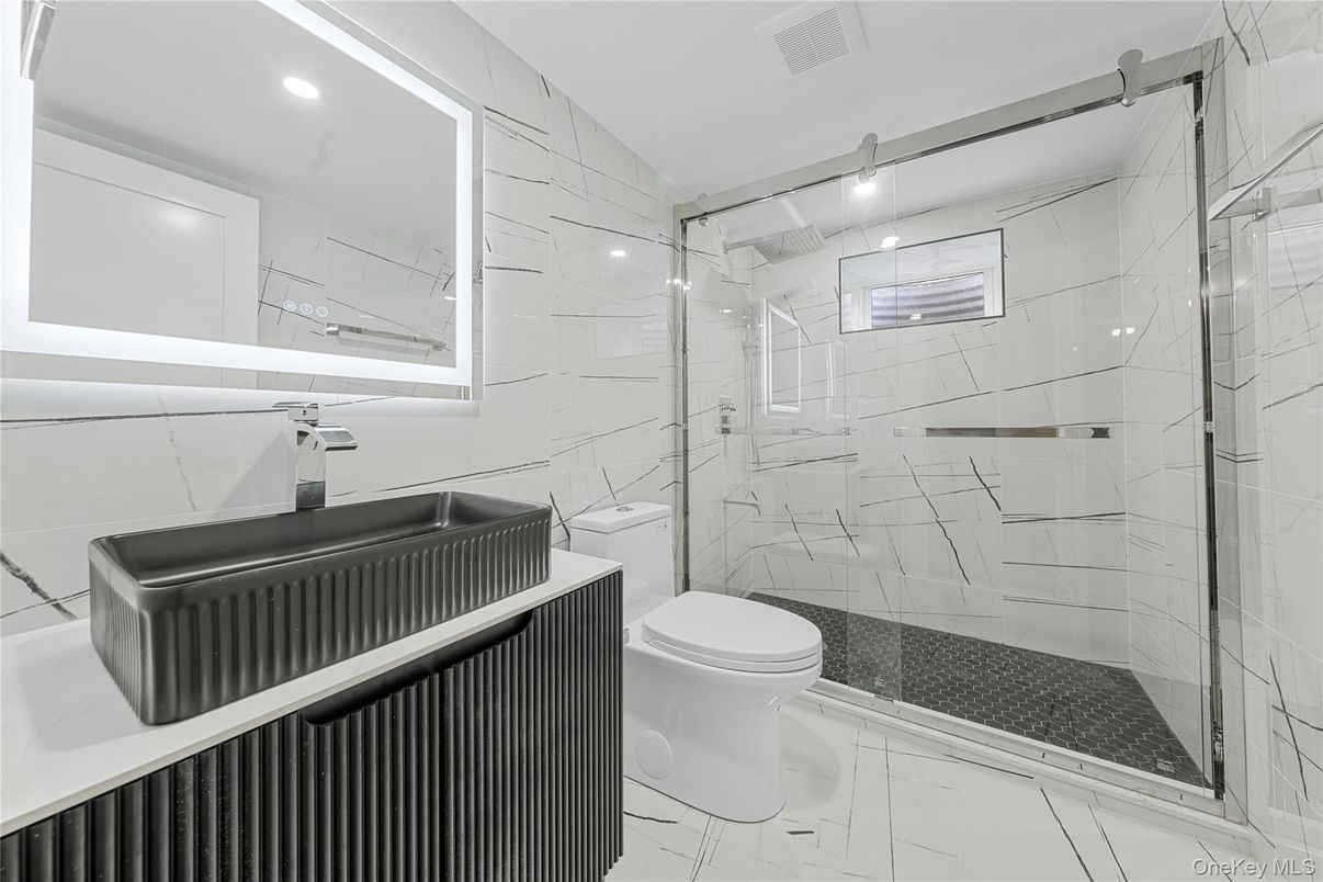 Bathroom, Glass Shower, Interior, Marble, Marble Walls, Recessed Lighting