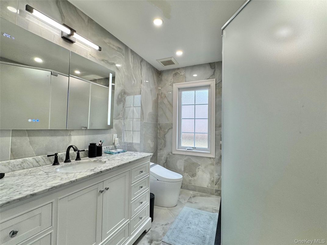 Bathroom, Glass Shower, Interior, Marble, Marble Walls, Recessed Lighting