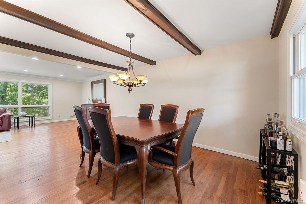 Chandelier, Dining room, Interior, Recessed Lighting, Wooden Beams, Wood Texture Flooring