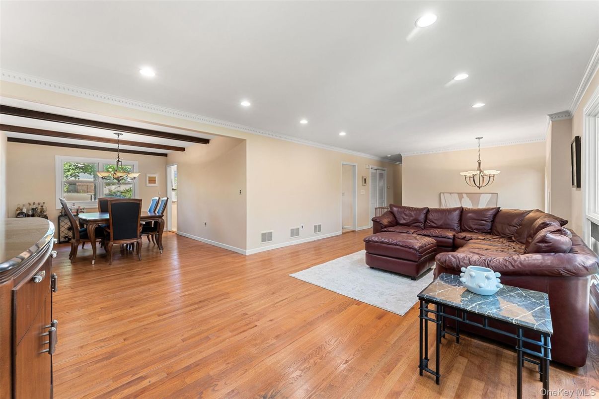 Chandelier, Dining room, Interior, Living room, Pendant Lights, Recessed Lighting, Wooden Beams, Wood Texture Flooring