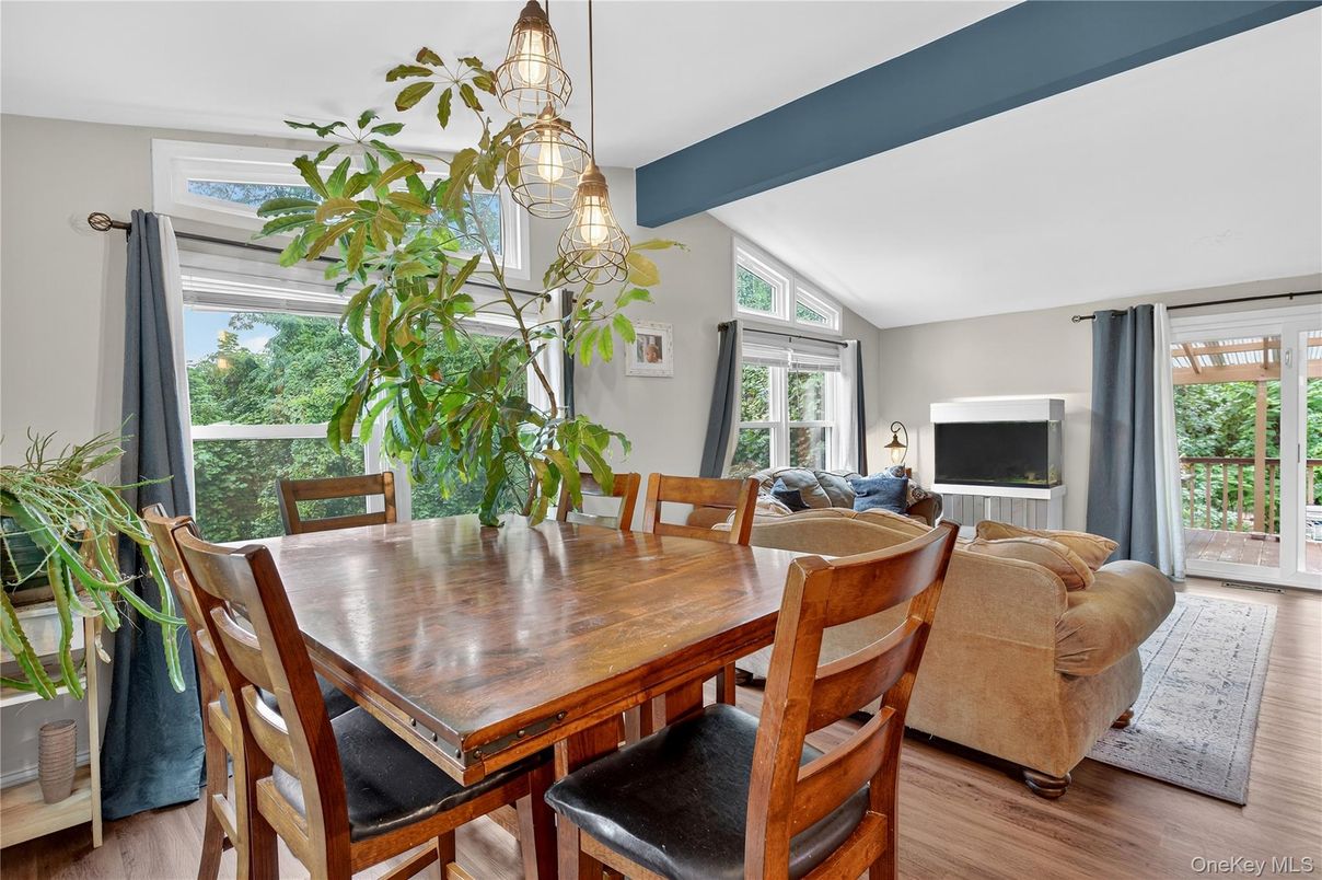 Dining room, Interior, Living room, Pendant Lights, Wood Texture Flooring