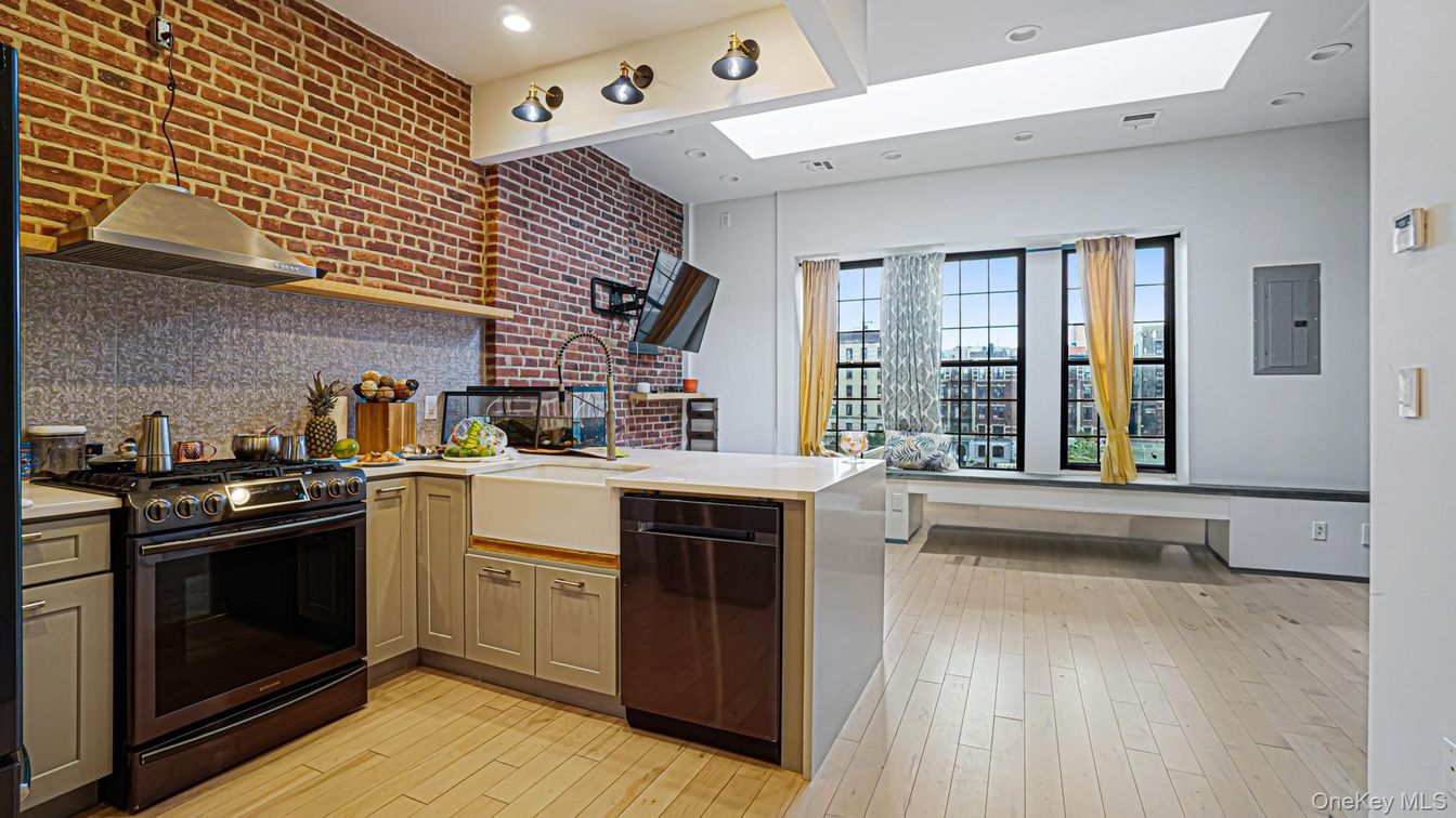 Interior, Kitchen, Pendant Lights, Recessed Lighting, Stainless Steel Appliances, Stone Walls, Wood Texture Flooring