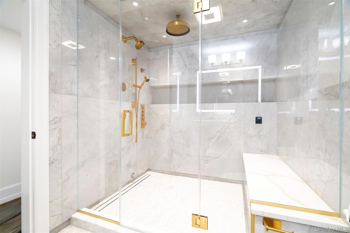 Bathroom, Glass Shower, Interior, Marble Walls, Recessed Lighting