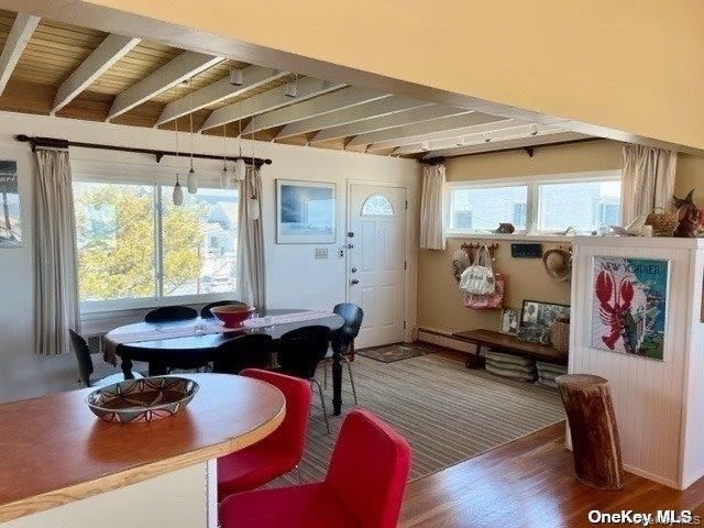 Dining room, Interior, Pendant Lights, Wooden Beams, Wooden Ceilings, Wood Texture Flooring