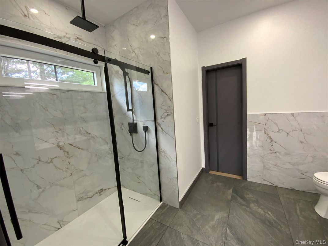 Bathroom, Glass Shower, Interior, Marble Walls, Recessed Lighting