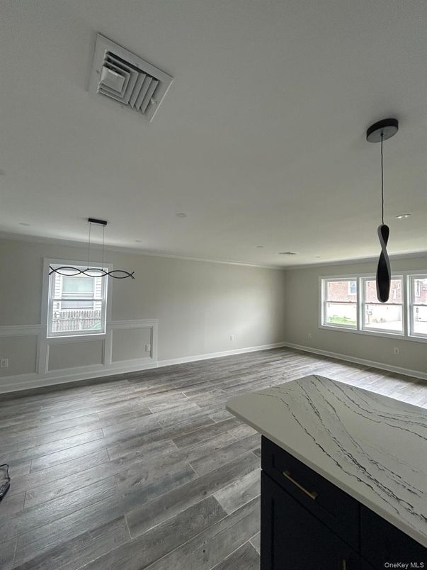 Empty room, Interior, Pendant Lights, Recessed Lighting, Wood Texture Flooring