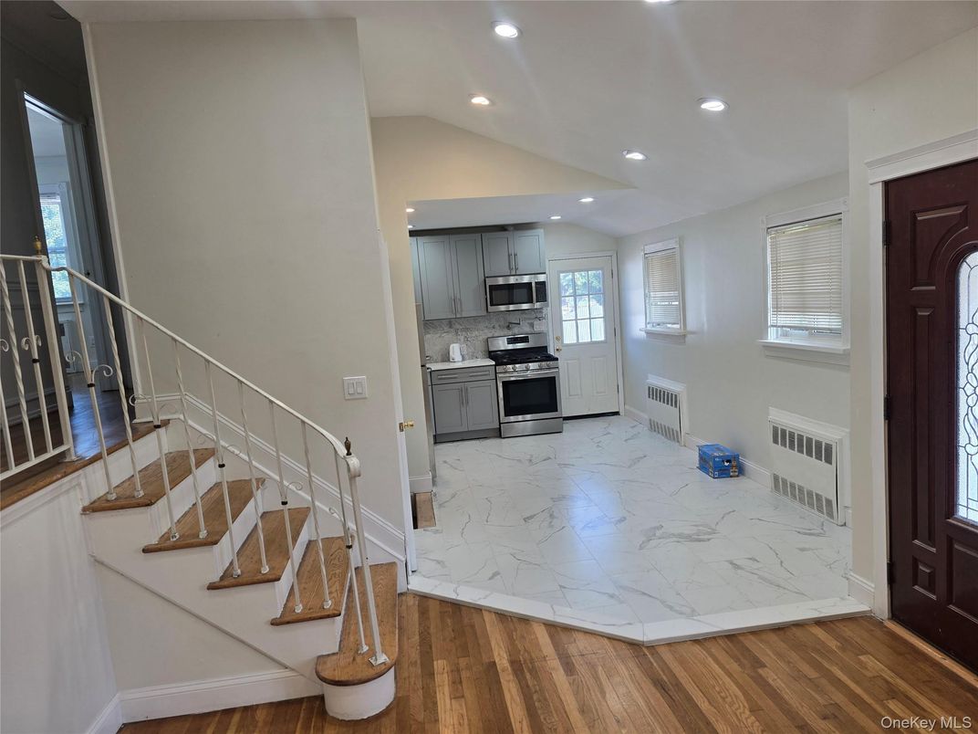 Interior, Kitchen, Marble, Recessed Lighting, Stainless Steel Appliances, Wood Texture Flooring