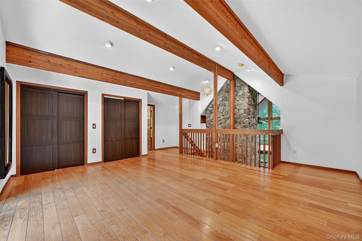 Empty room, Interior, Recessed Lighting, Stone Walls, Wooden Beams, Wood Texture Flooring