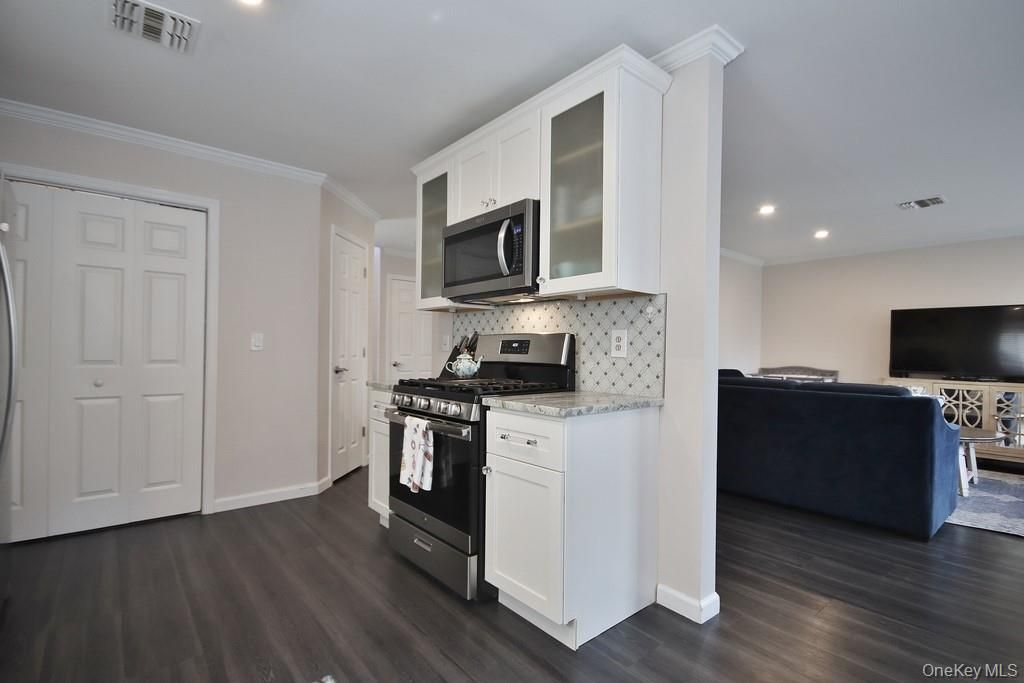 Interior, Kitchen, Living room, Recessed Lighting, Stainless Steel Appliances, Wood Texture Flooring