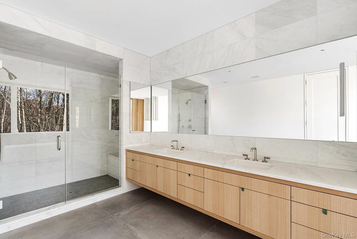 Bathroom, Dual Sink Vanities, Glass Shower, Interior, Marble Walls