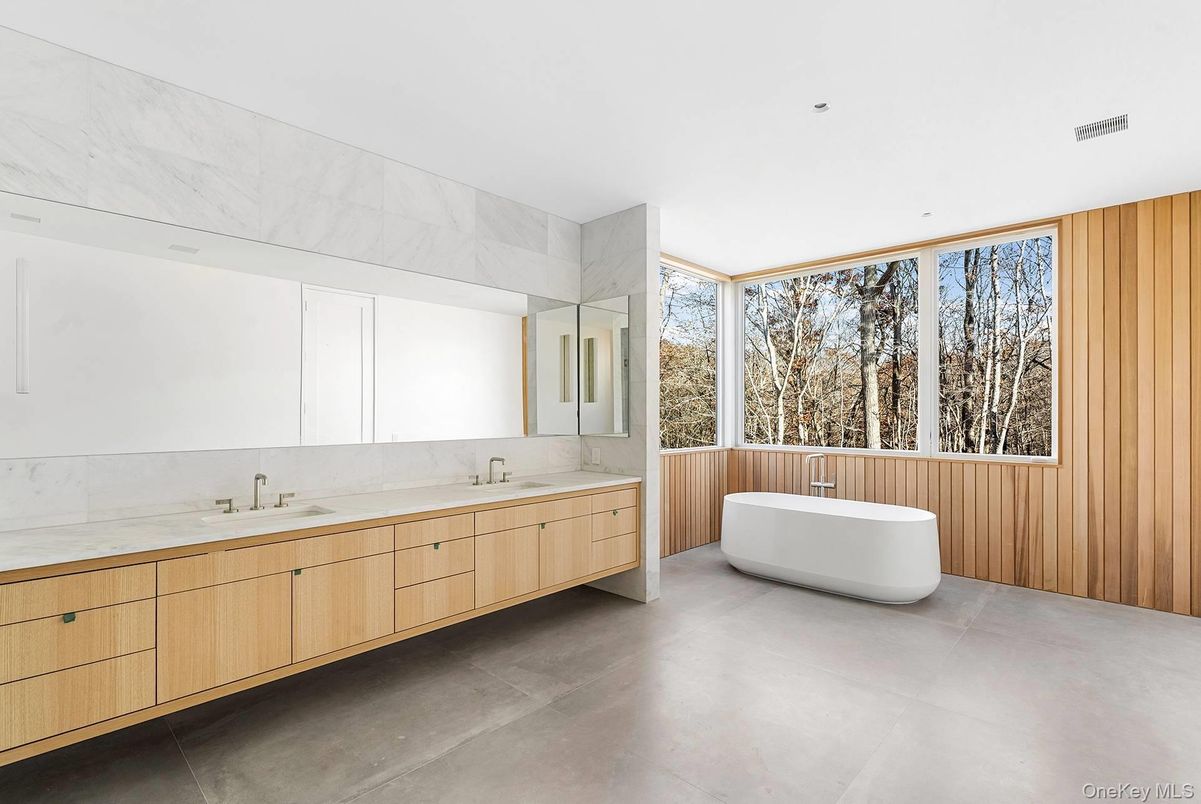 Bathroom, Dual Sink Vanities, Free Standing Baths, Interior, Marble Walls, Recessed Lighting