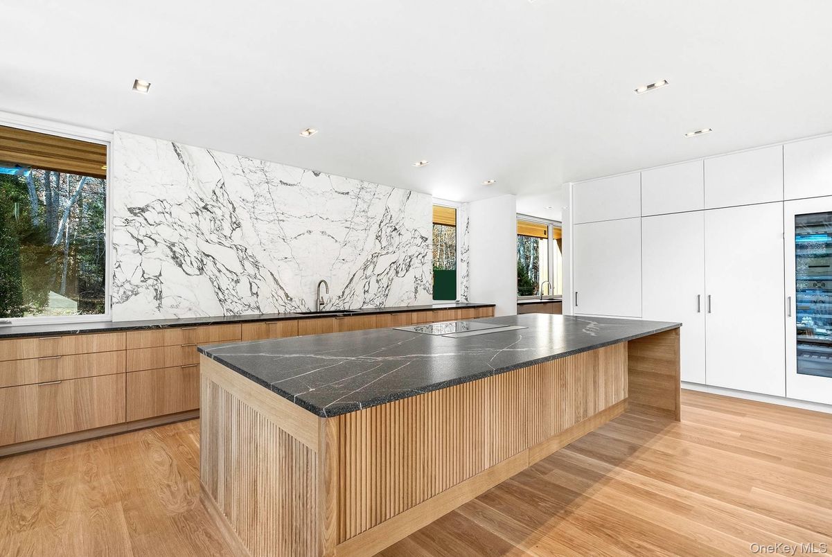 Interior, Marble Walls, Recessed Lighting, Wood Texture Flooring