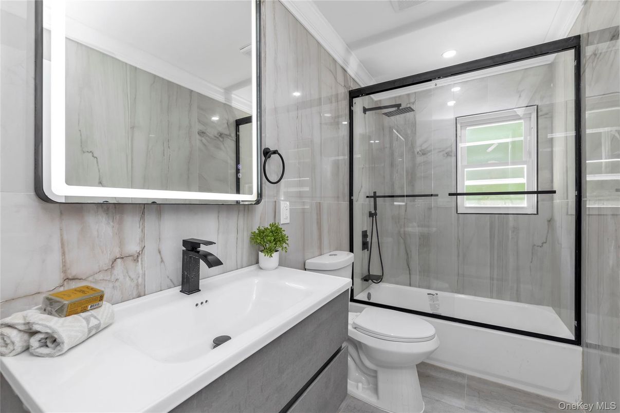 Bathroom, Glass Shower, Interior, Marble Walls, Recessed Lighting