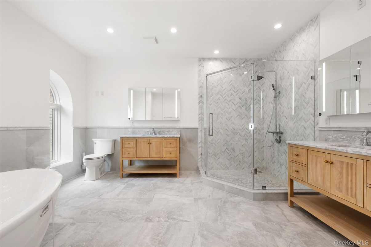 Bathroom, Glass Shower, Interior, Marble, Marble Walls, Recessed Lighting