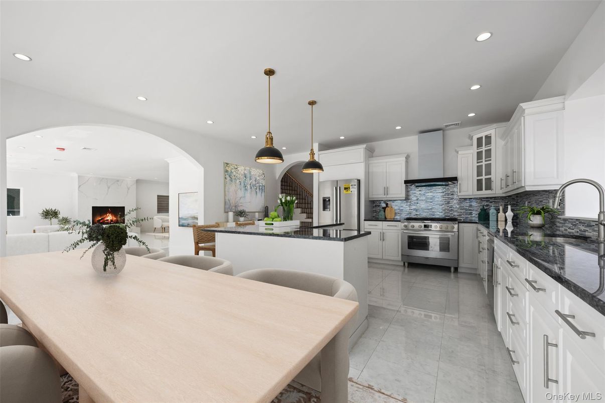 Fireplace, Interior, Kitchen, Living room, Pendant Lights, Recessed Lighting, Stainless Steel Appliances