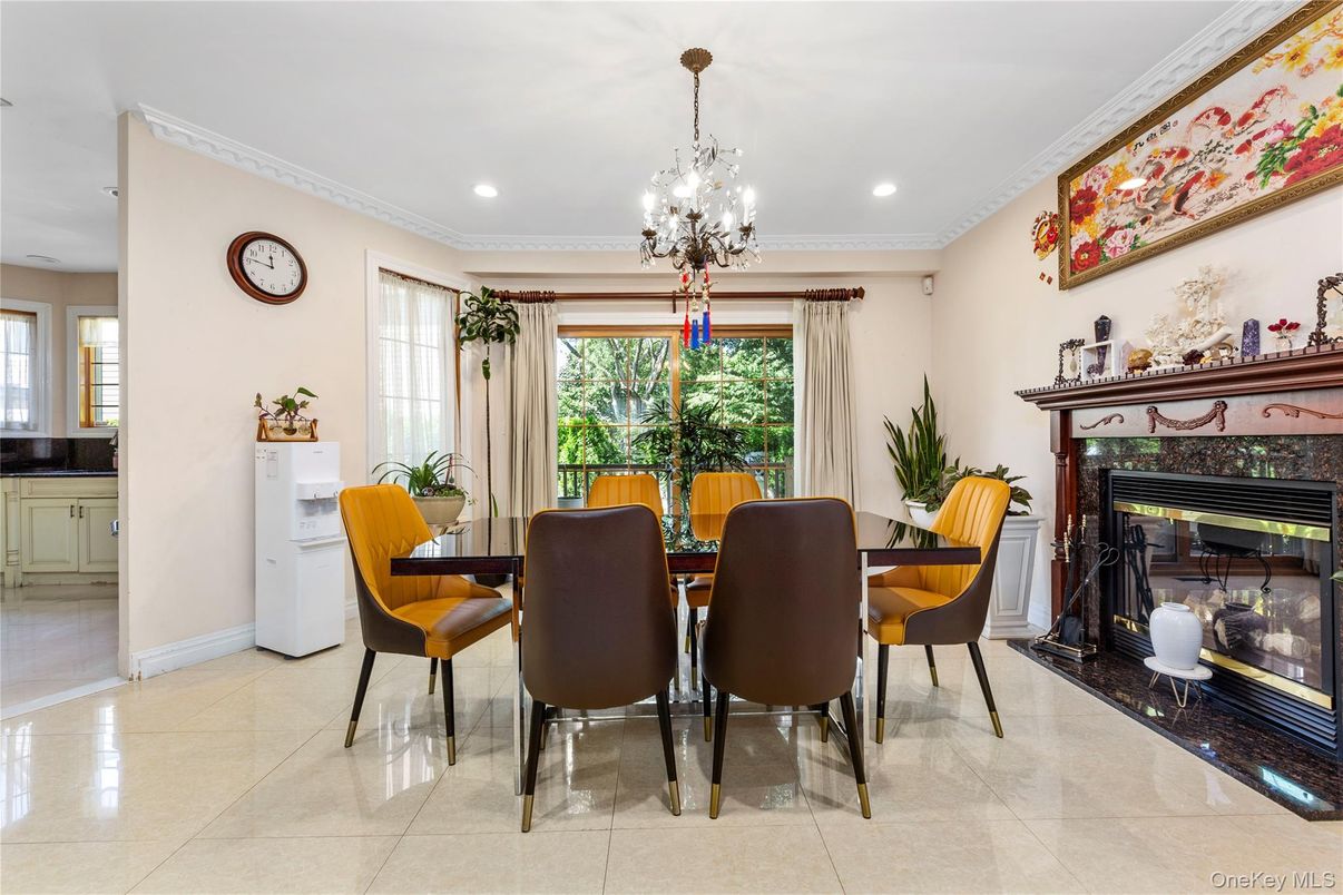 Chandelier, Dining room, Fireplace, Interior, Recessed Lighting