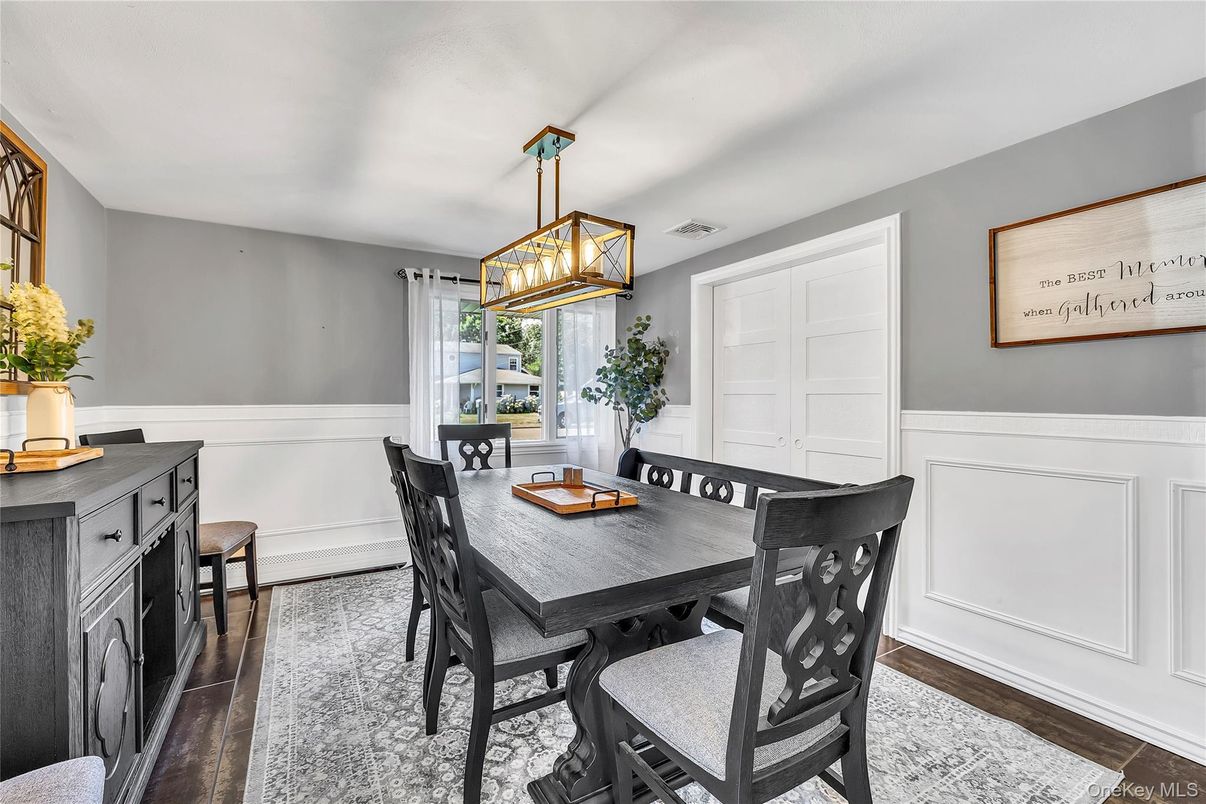 Dining room, Interior, Pendant Lights, Wood Texture Flooring
