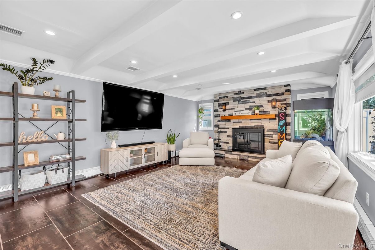 Fireplace, Interior, Living room, Recessed Lighting, Wood Texture Flooring