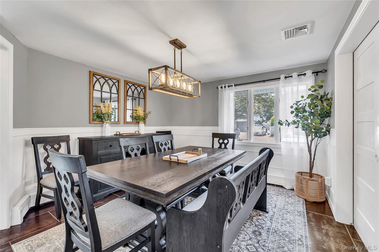 Dining room, Interior, Pendant Lights, Wood Texture Flooring