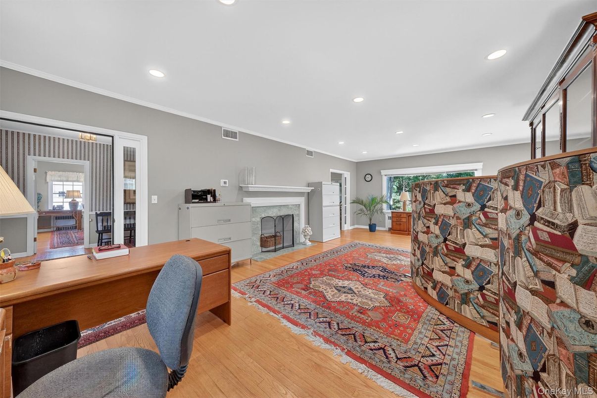Fireplace, Home Office, Interior, Recessed Lighting, Wood Texture Flooring