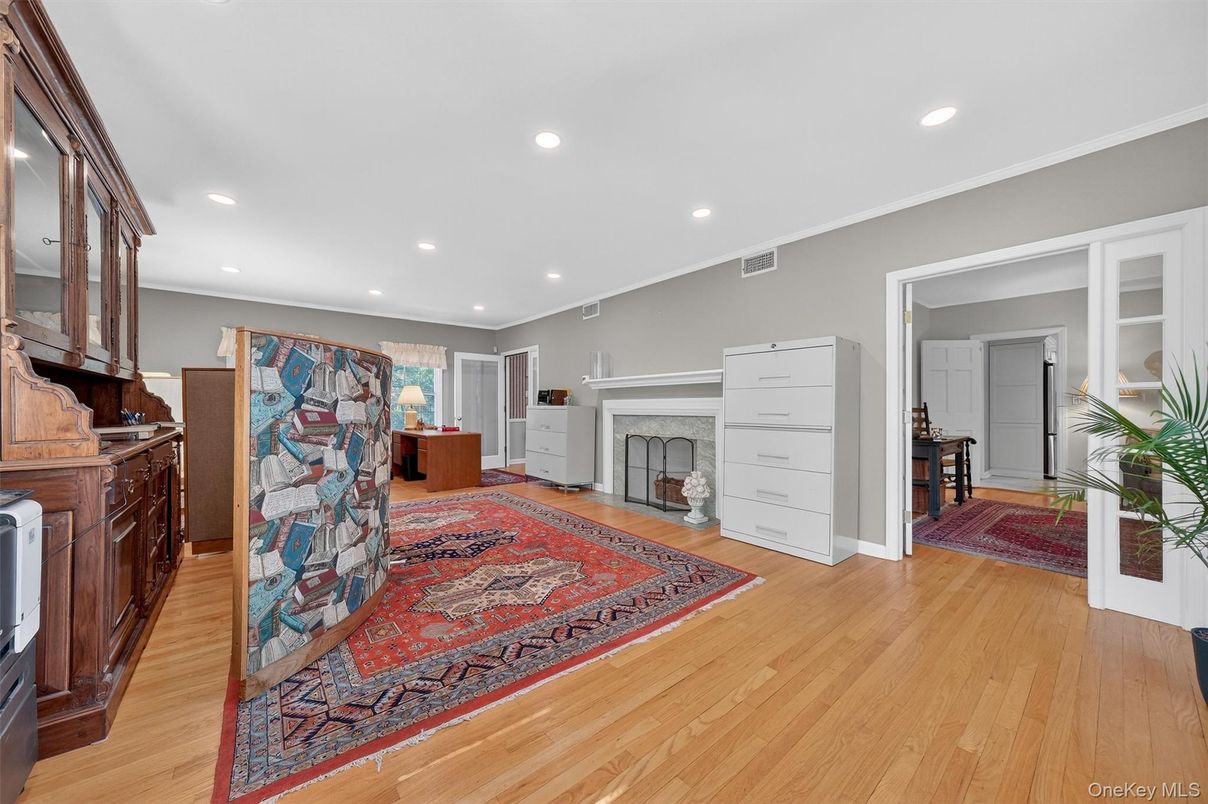 Fireplace, Interior, Recessed Lighting, Wood Texture Flooring