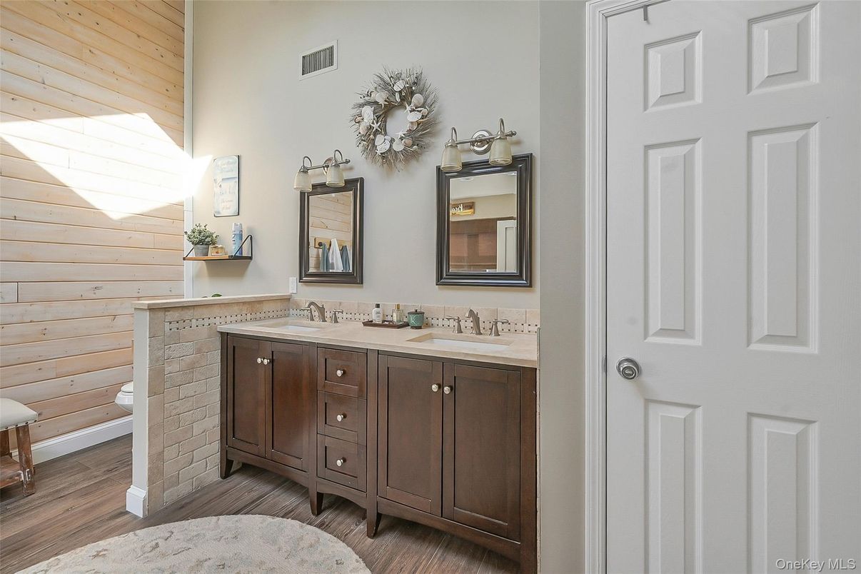 Bathroom, Dual Sink Vanities, Interior, Wood Texture Flooring, Wooden Walls