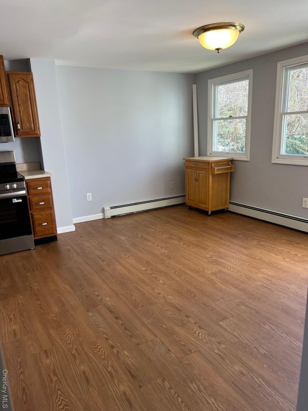 Empty room, Interior, Kitchen, Stainless Steel Appliances, Wood Texture Flooring
