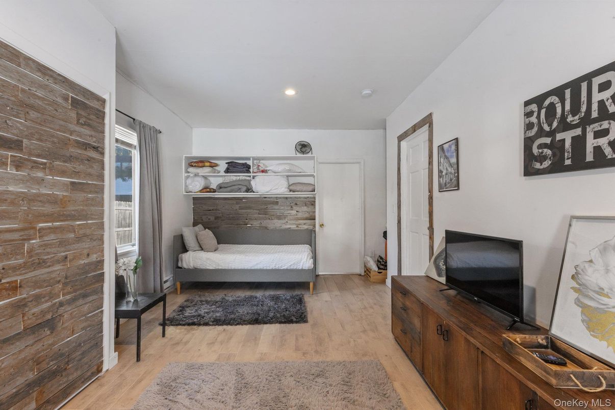 Bedroom, Interior, Recessed Lighting, Wood Texture Flooring, Wooden Walls