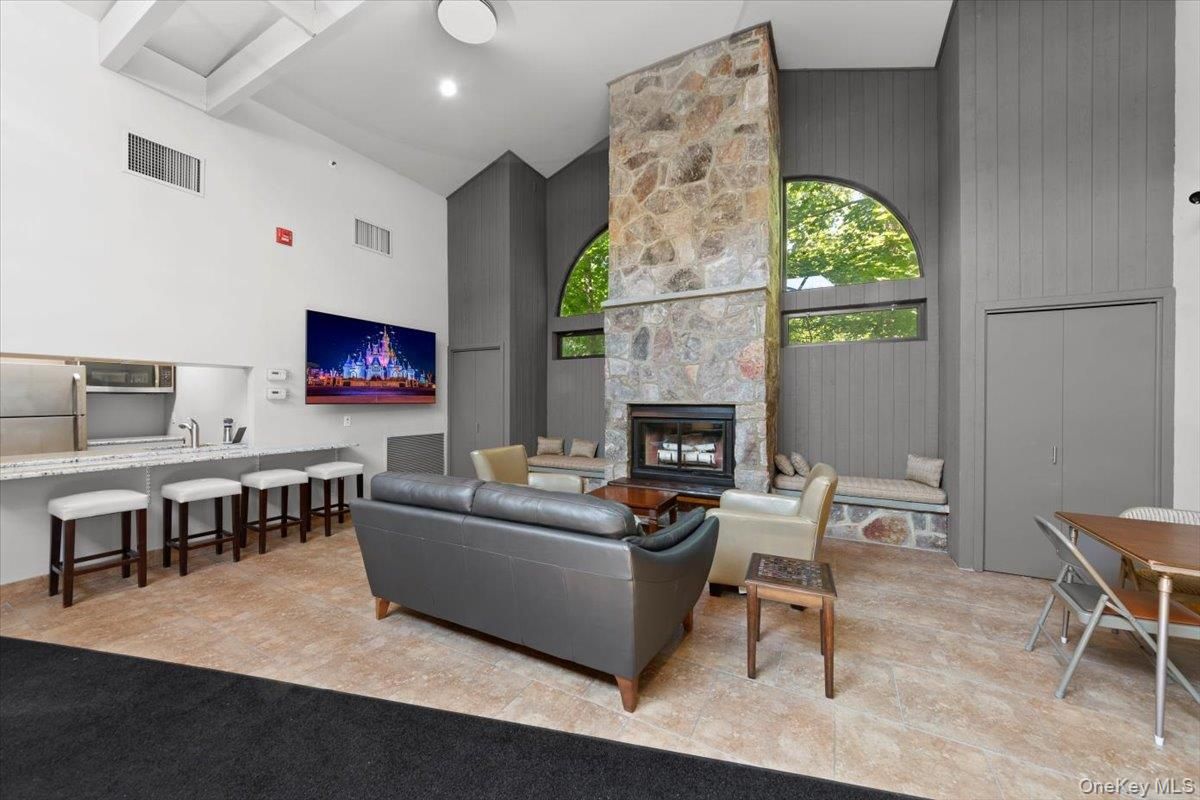 Fireplace, Interior, Living room, Recessed Lighting, Stone Walls