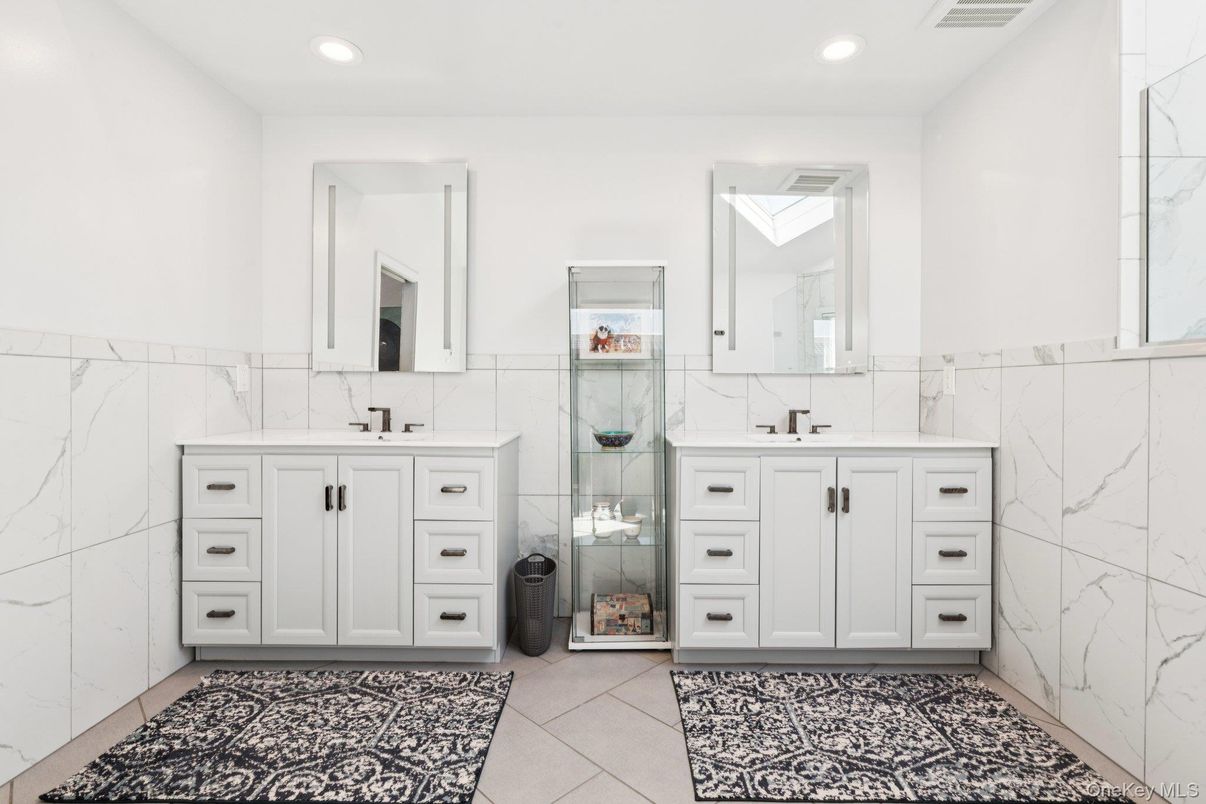 Bathroom, Glass Shower, Interior, Marble Walls, Recessed Lighting