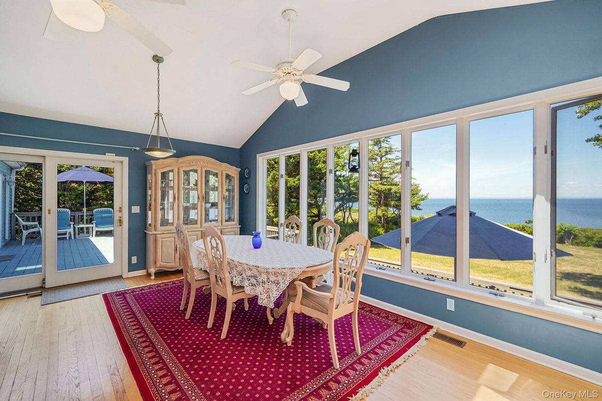Dining room, Interior, Pendant Lights, Sun Room, Water, Wood Texture Flooring