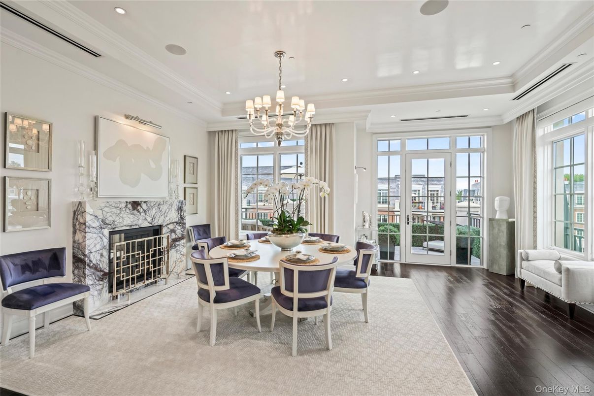 Chandelier, Dining room, Fireplace, Interior, Recessed Lighting, Wood Texture Flooring