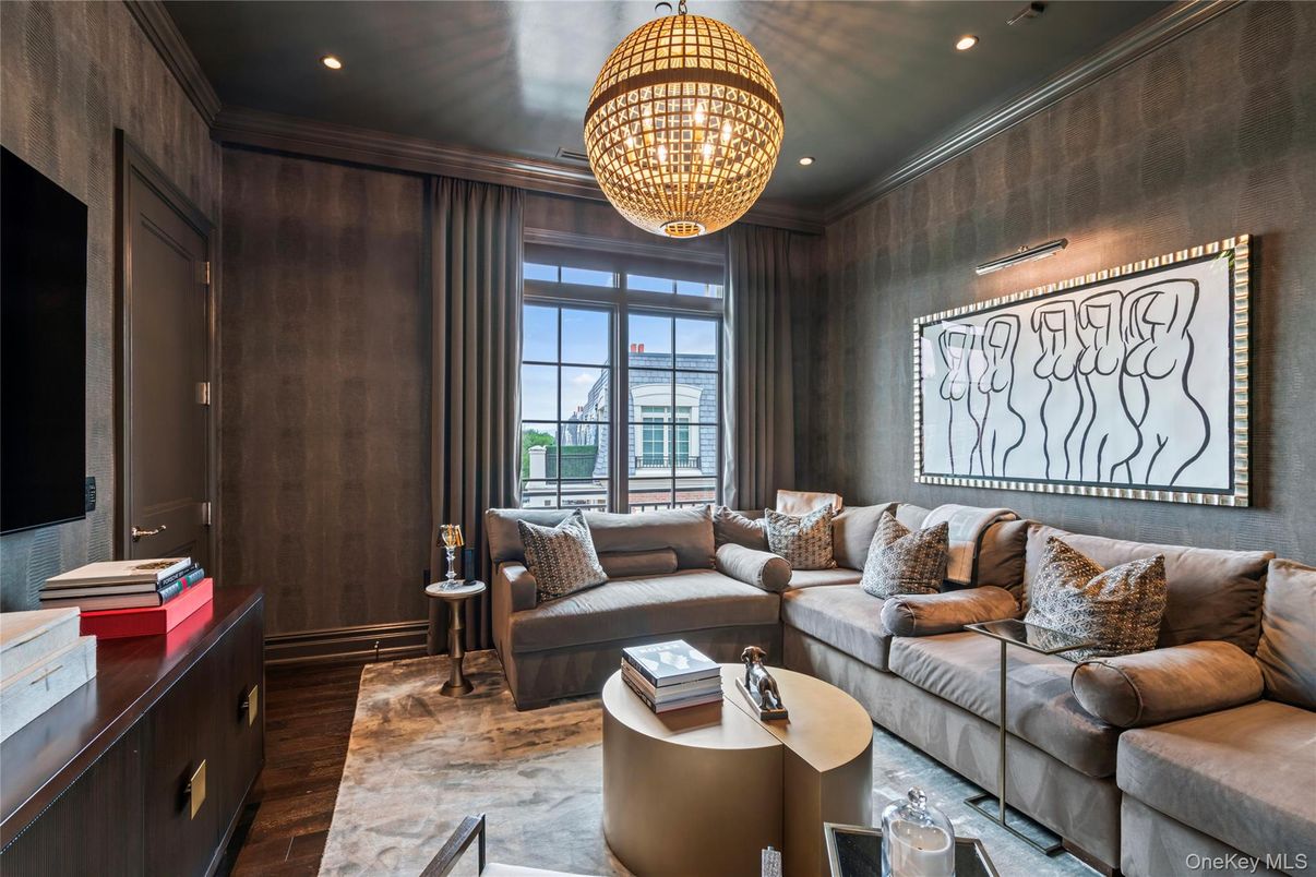 Chandelier, Interior, Living room, Pendant Lights, Recessed Lighting, Wood Texture Flooring, Wooden Walls