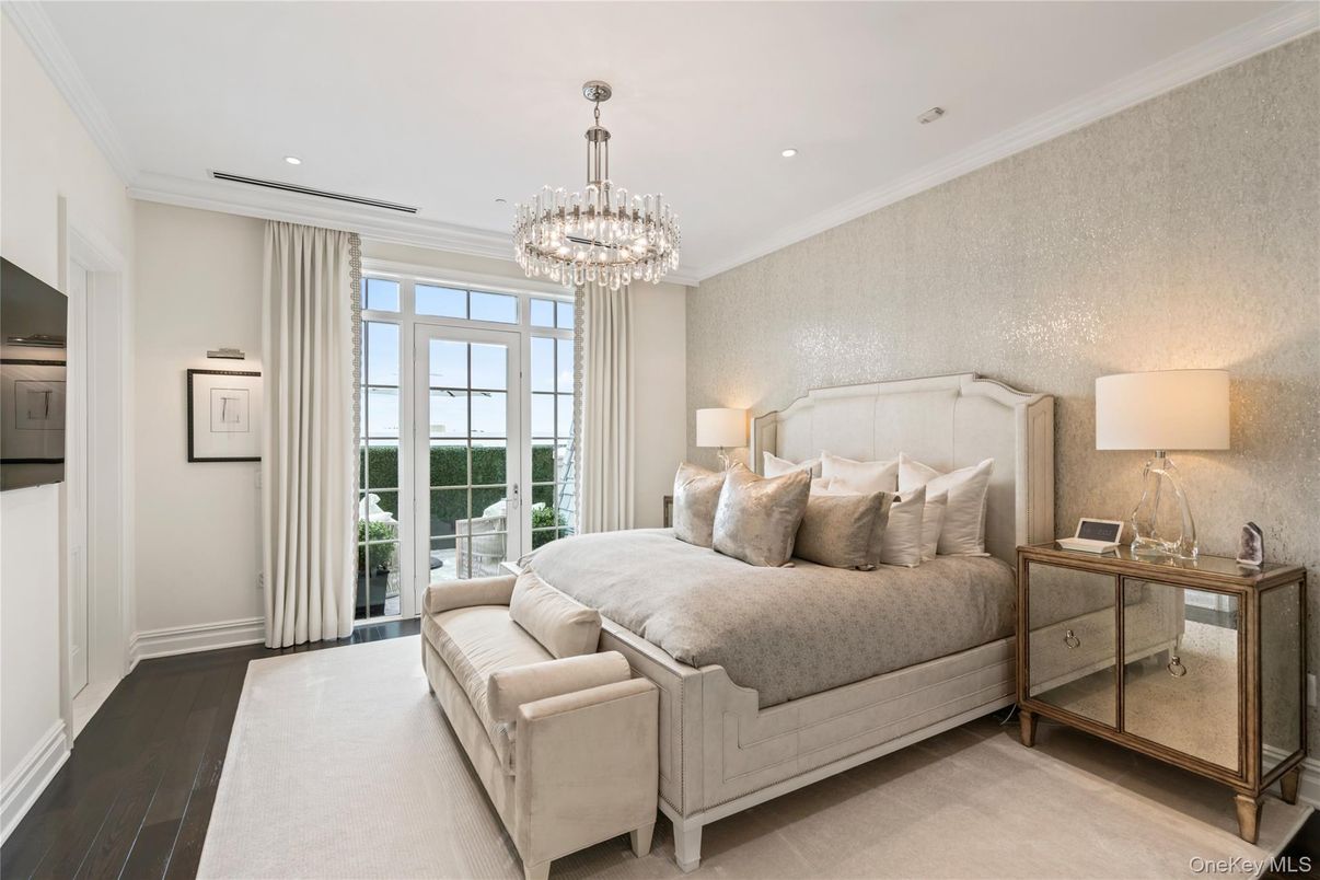 Bedroom, Chandelier, Interior, Recessed Lighting, Wood Texture Flooring
