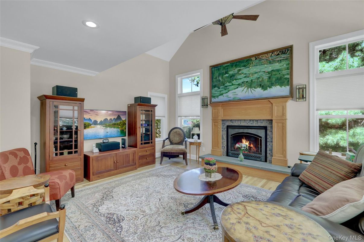 Fireplace, Interior, Living room, Recessed Lighting, Wood Texture Flooring