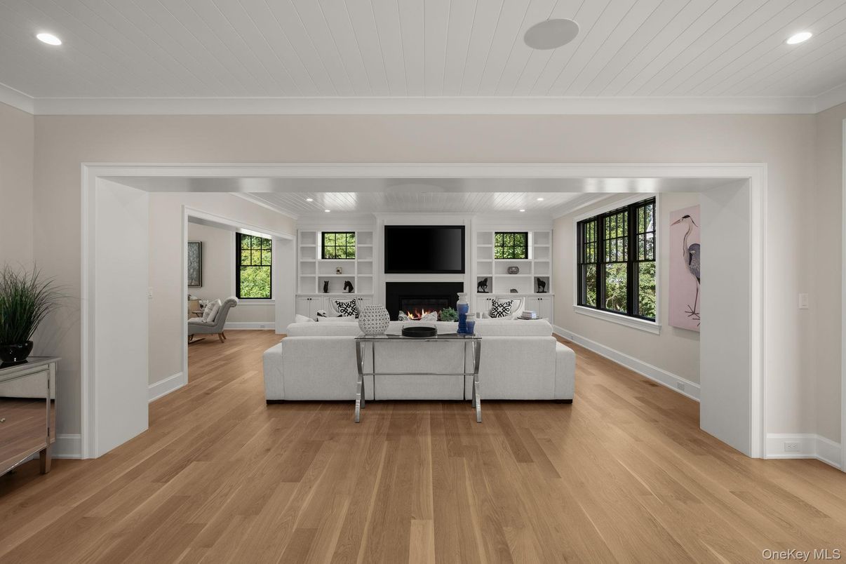 Fireplace, Interior, Living room, Recessed Lighting, Wood Texture Flooring